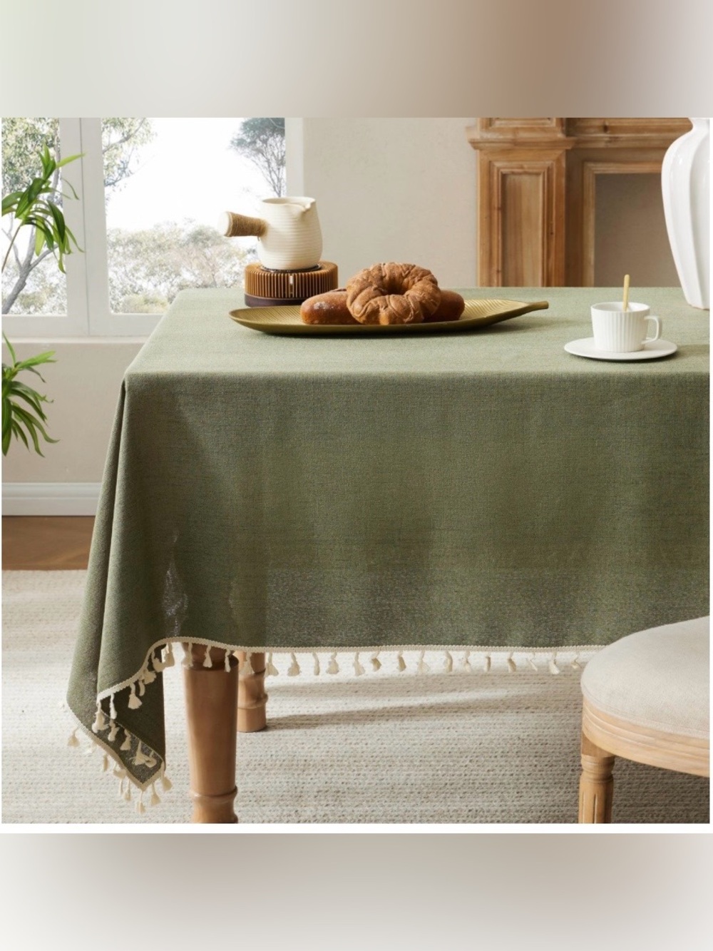 Farmhouse Tablecloth with Tassel Trim SQUARE 60x60” OLIVE GREEN